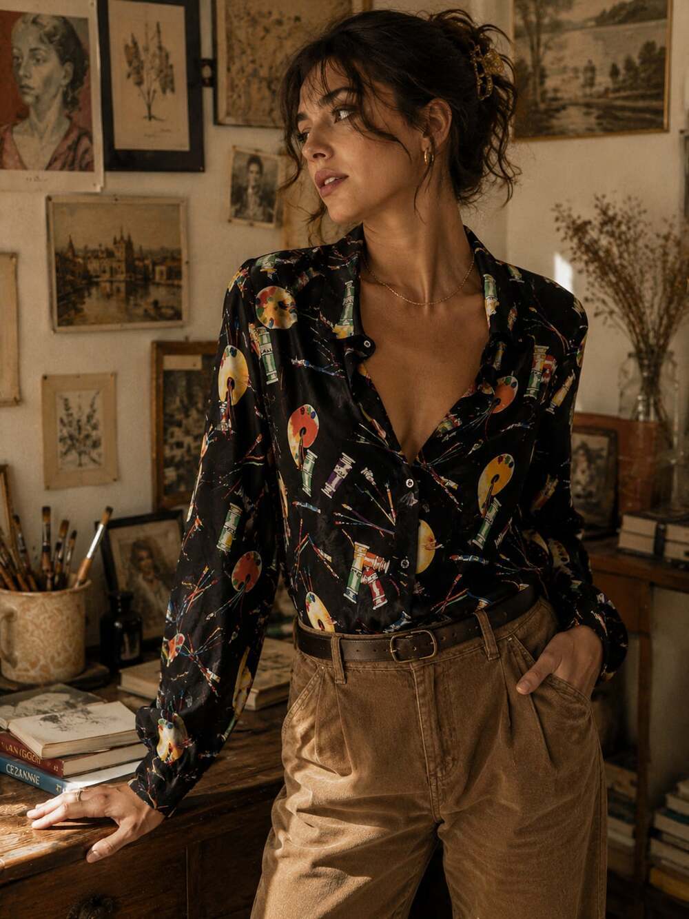 Vintage Exit Shops 100% Silk Beaded Paint Palette Art Print Button Down Shirt S - Picture 1 of 8